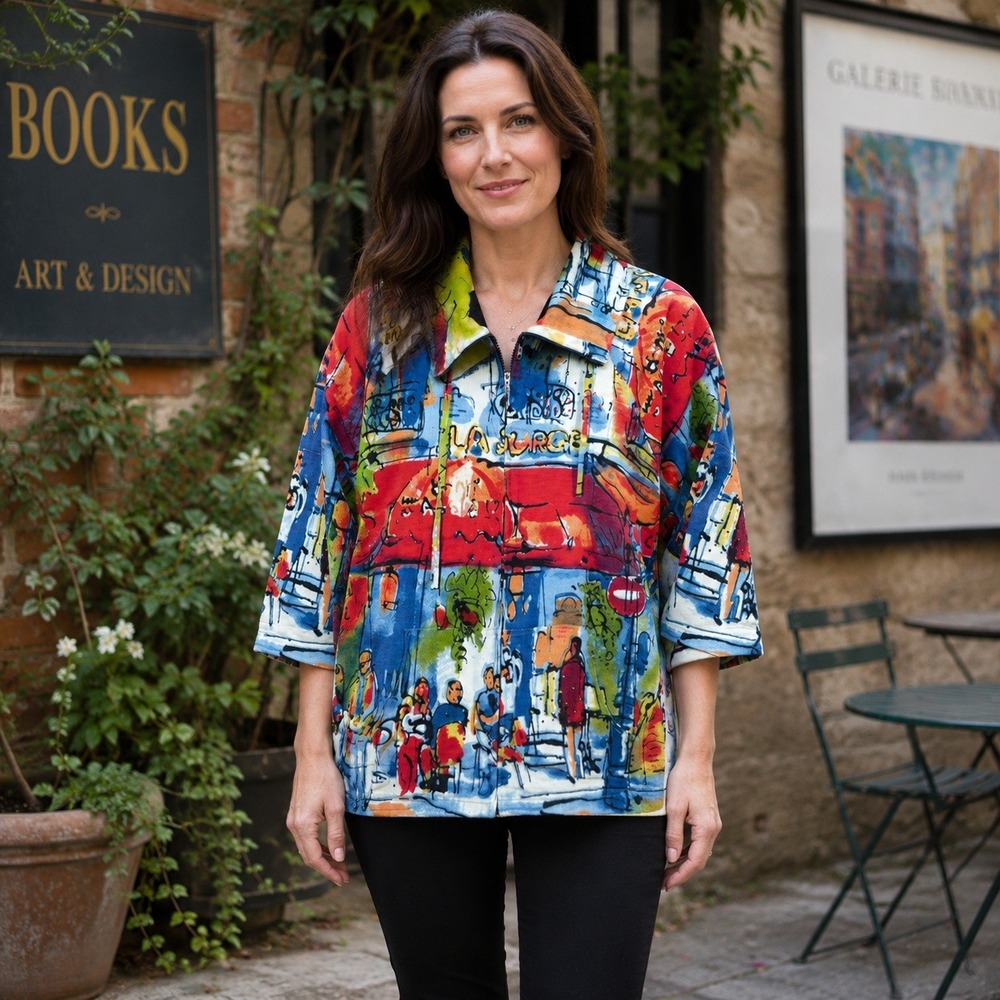 Michael‎ Leu Wearable Art Paris Cafe Print Zip Jacket Beaded Women XL